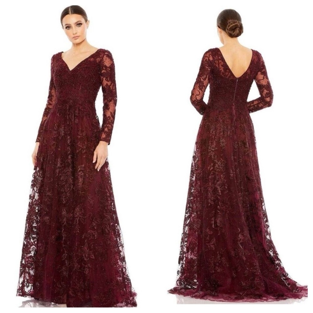 Mac Duggal 20409 Mahogany Deep Red Formal Evening Lace Long Sleeve Gown Women 20